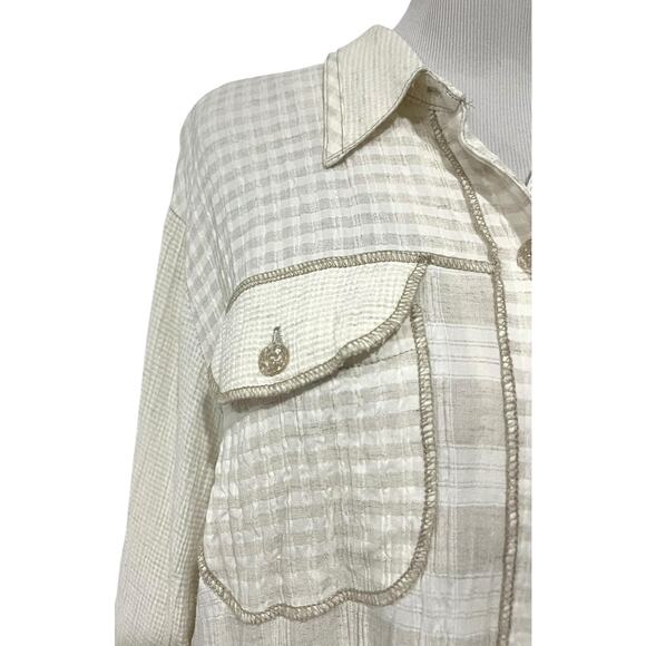 Saint Germain Paris Vintage Womens Sz L Button Up Top Beige Cream Check Pockets - Picture 2 of 9